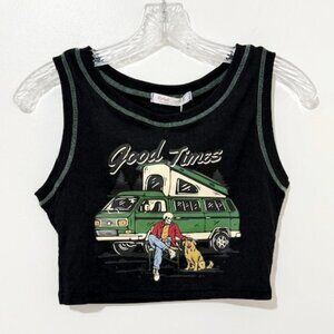 Romwe Crop Tank Top Black Ribbed Good Times Skeleton Camping w/ Dog Size M